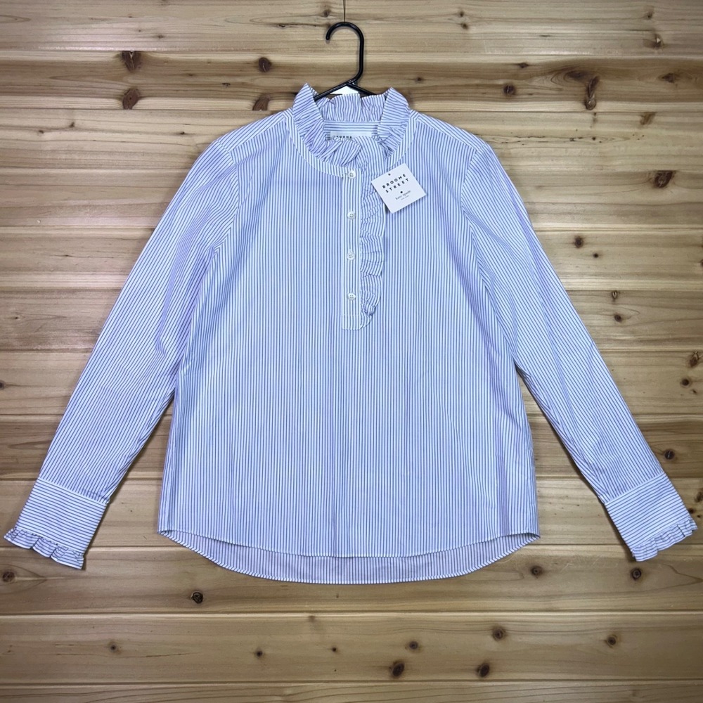 NEW Kate Spade Blouse Womens XS Broome Street Blue Pinstripe 1/4 Button